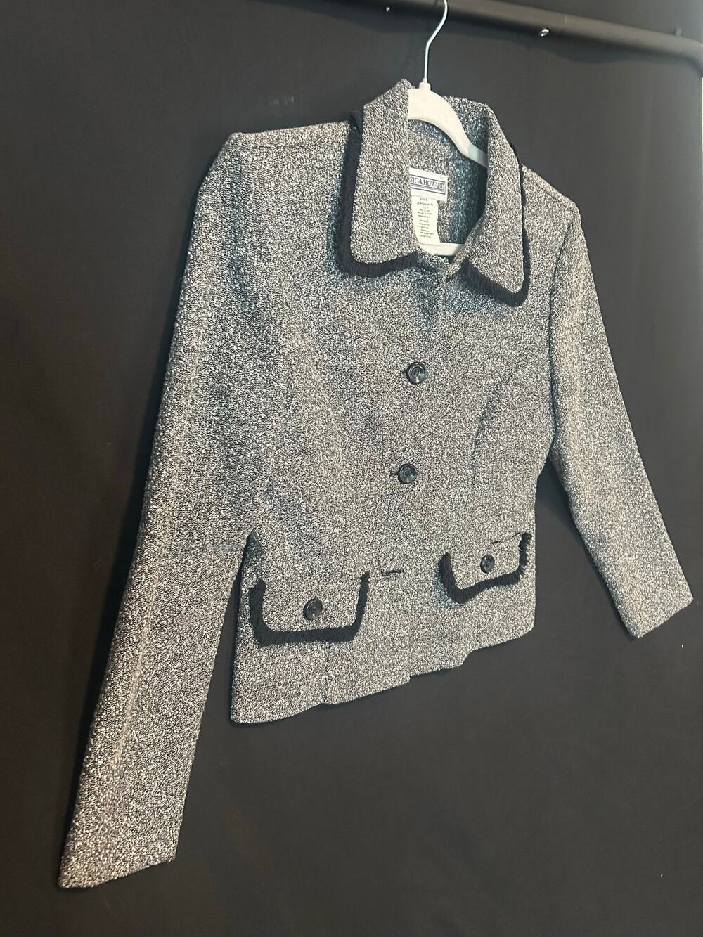 Vintage Jessica Howard Tweed Blazer Size 8 Black White Fringe Trim Made USA